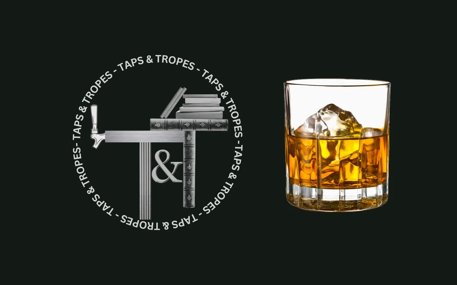 The original Taps & Tropes logo beside a whiskey rocks glass