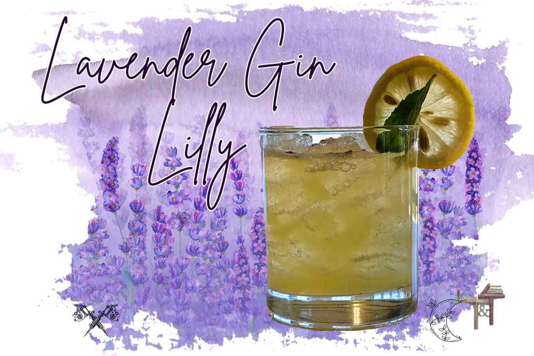 The Lavender Gin Lilly drink card — a gin cocktail with a lemon wheel against a lavender field